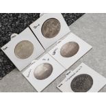 5 x Indian silver One Rupee coins including 1908/09/16/20/42