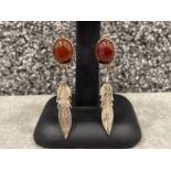 Ladies Silver drop feather earrings with brown stones