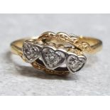 18ct yellow gold & Diamond 3 stone Heart ring, size M, 2.6g gross