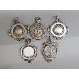5 silver fobs/medals 3 with blank fronts & one dedicated to football plus 1 to golf, 43g