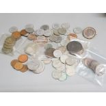 Tub of mixed british coinage, six pences, farthings, 1898 one penny coin brooch etc