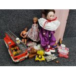 Box of vintage toys includes Action Man figure, playmobil fire truck & miscellaneous dolls etc