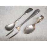 Hallmarked Birmingham silver 1935 caddy spoon 18g, together with EPNS pickle fork & silver plated