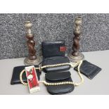 Box of new leather purses and wallets together with pair of barley twist candlesticks plus boxed