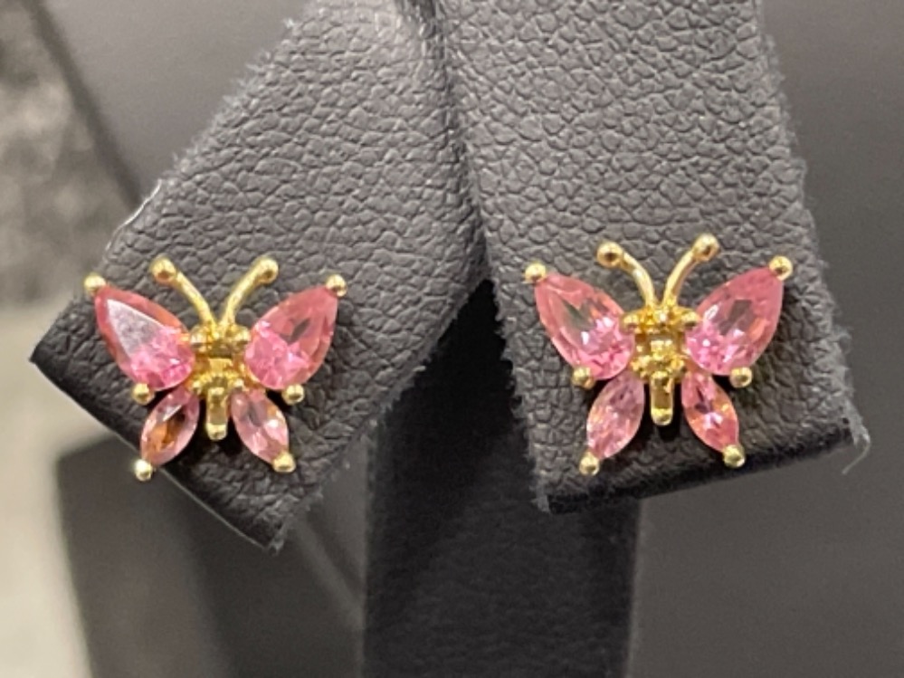 Ladies 9ct gold Pink tourmaline Butterfly pendant and matching earrings