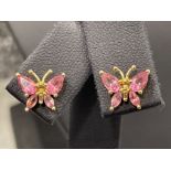 Ladies 9ct gold Pink tourmaline Butterfly pendant and matching earrings