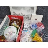 Box of mixed items including Lego, glass dressing table set, dinnerware, vintage Ludo and framed W.