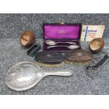 Miscellaneous items to include silver backed mirror, silver mounted initialled brushes, boxed pair