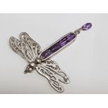 925 silver dragonfly pendant with purple stones, 6g gross