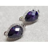 Pair of Silver & purple stone earrings, set with multiple CZs around centre stones, 10.7g