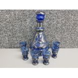 Silver overlay on blue glass liqueur set of 6 glasses & decanter with stopper