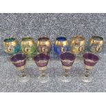 Set of six Bohemian heavy gilded brandy glasses with historic medallions showing Greco Romano