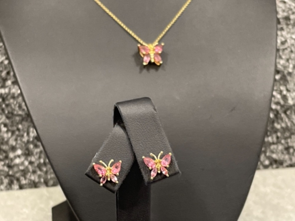 Ladies 9ct gold Pink tourmaline Butterfly pendant and matching earrings - Image 3 of 3