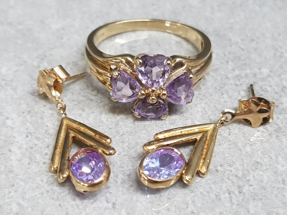 9ct yellow gold and purple stone heart ring & earring 3 piece set, ring size M, 4.1g gross