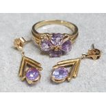 9ct yellow gold and purple stone heart ring & earring 3 piece set, ring size M, 4.1g gross