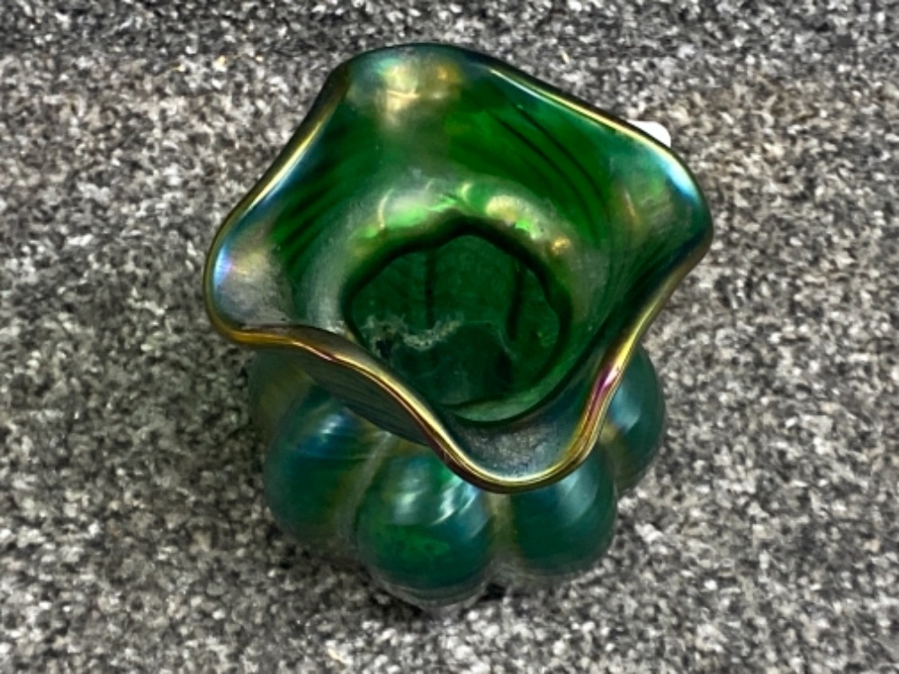 Loetz Kralik iridescent green lobed vase necked with quatrefoil fluted top, height 11cms - Image 2 of 3