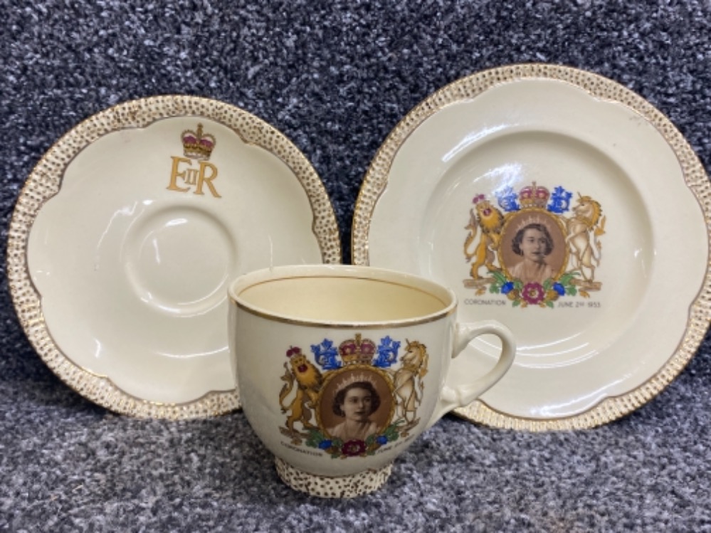 Clarice Cliff trio for the coronation of Queen Elizabeth 1953, cup, saucer & plate