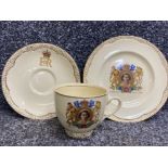 Clarice Cliff trio for the coronation of Queen Elizabeth 1953, cup, saucer & plate