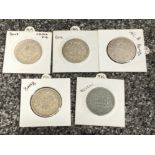 5x silver one Rupee coins 1862/1893/1916/18/19