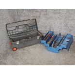 A blue metal cantilever tool box and another by B & Q, both with contents.