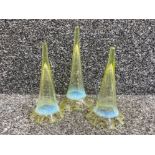 Three Vaseline glass Epergne flutes, 2x 13.5cm, 1 x 17cm