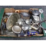 Box containing a large Quantity of Silver plated, EPNS, Crested spoons & pewter Tankards