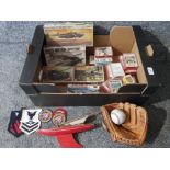 Two Matchbox kits, and three others, Top Trumps card games, baseball glove and ball etc.