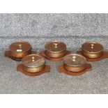Five traditional Indian copper curry Balti dish/Handi pot 17.5cm diameter, on wooden trays.
