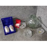 A large glass bottle, cut crystal bowl and Indian metalware.