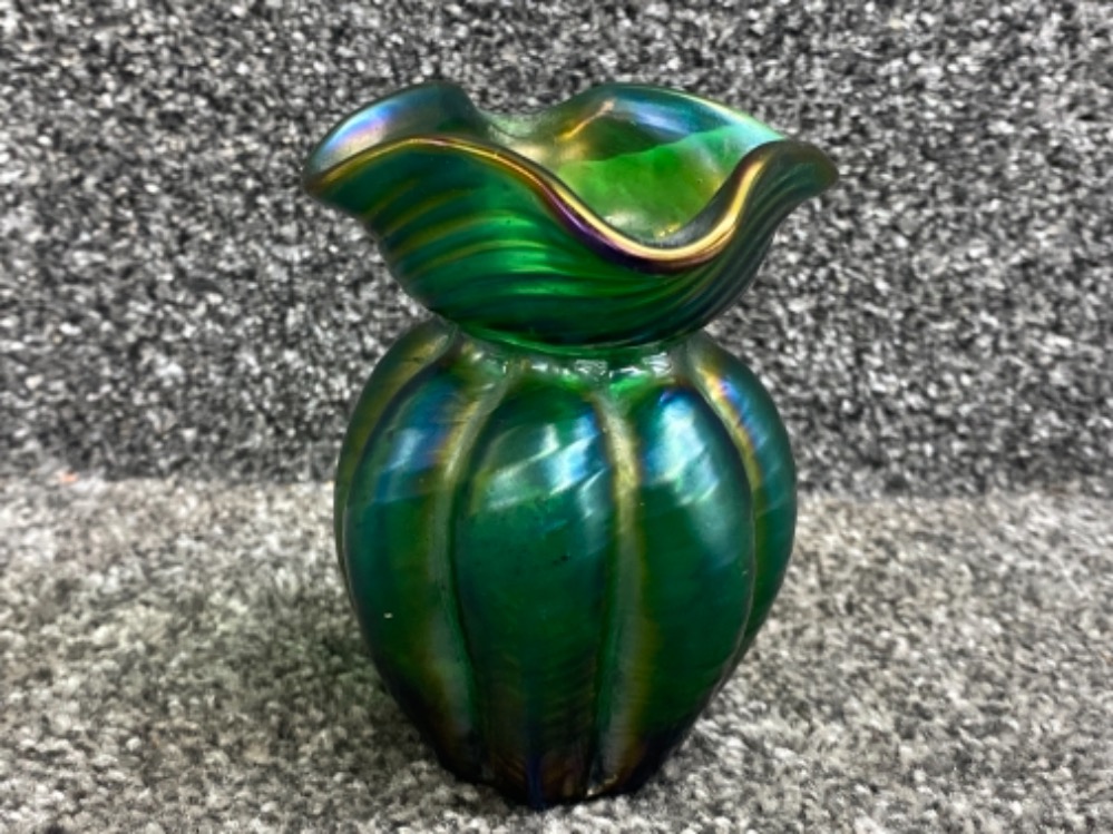 Loetz Kralik iridescent green lobed vase necked with quatrefoil fluted top, height 11cms