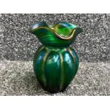 Loetz Kralik iridescent green lobed vase necked with quatrefoil fluted top, height 11cms