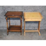 A pine school desk and a trolley.