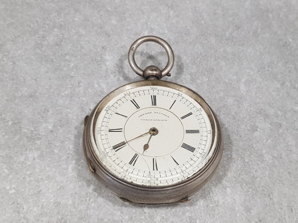 Gents silver stop watch with white dial with black Roman numeral hour markers and gold plated hands