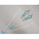 Silver & Turquoise jewellery, includes 2x pendants on chain & pair of earrings, 26.4g gross