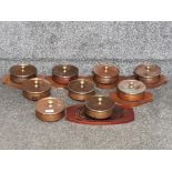 Nine traditional Indian copper curry Balti dish/Handi pot 15cm diameter, some on wooden trays.