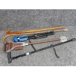 3 walking sticks, 1 carved with shooting stick plus folding seat