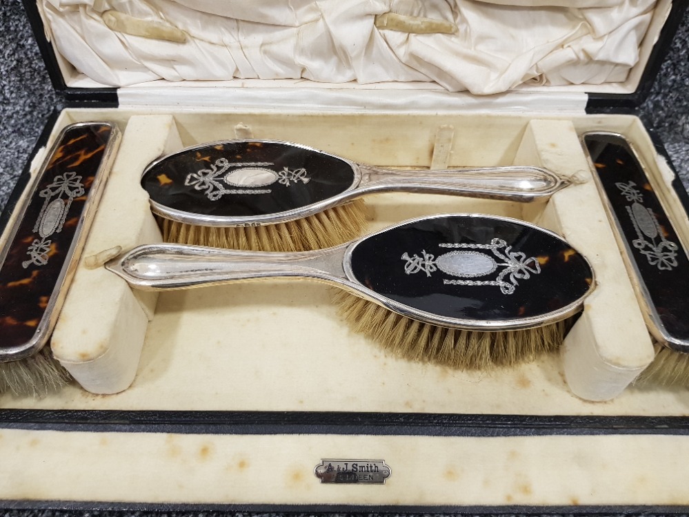 Silver and tortoise shell 4 brush set in original case with ornate design on the brushes a+j Smith - Image 2 of 3