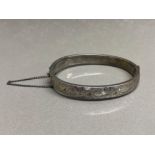 Hallmarked silver 1/2 etched child’s bangle with safety chain, 11.2G