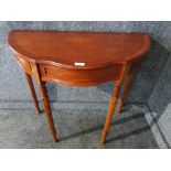 A Yew wood shaped demi lune hall table 82 x 76 x 39.5cm.