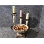 Three candle holders and a matching centre bowl with pot pourri.