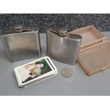 2 stainless steel hip flasks together with a vintage deck of cards with box and Australian 50 cent