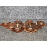 Nine traditional Indian copper curry Balti dish/Handi pot 15cm diameter, on wooden trays.