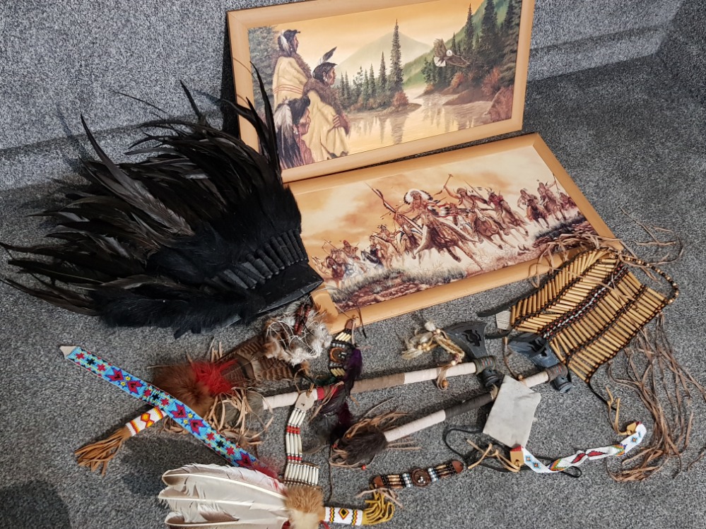 Box of native american items, including ornamental tomahawks, 2 pictures, headwear etc