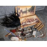 Box of native american items, including ornamental tomahawks, 2 pictures, headwear etc