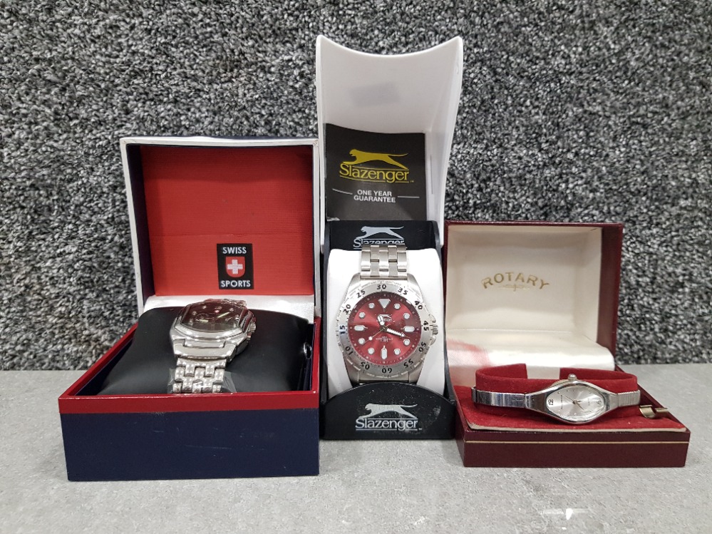 3 watches 1 ladies rotary 1 gts slazenger 1 swiss sports all with original boxes