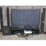 A Panasonic 50in flat screen TV with stand and Panasonic surround sound system, and Samsung blu-