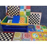 Box of vintage gameboards, chess, Ludo etc