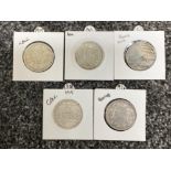 5x silver one Rupee coins dated 1878/1912/18/19/43