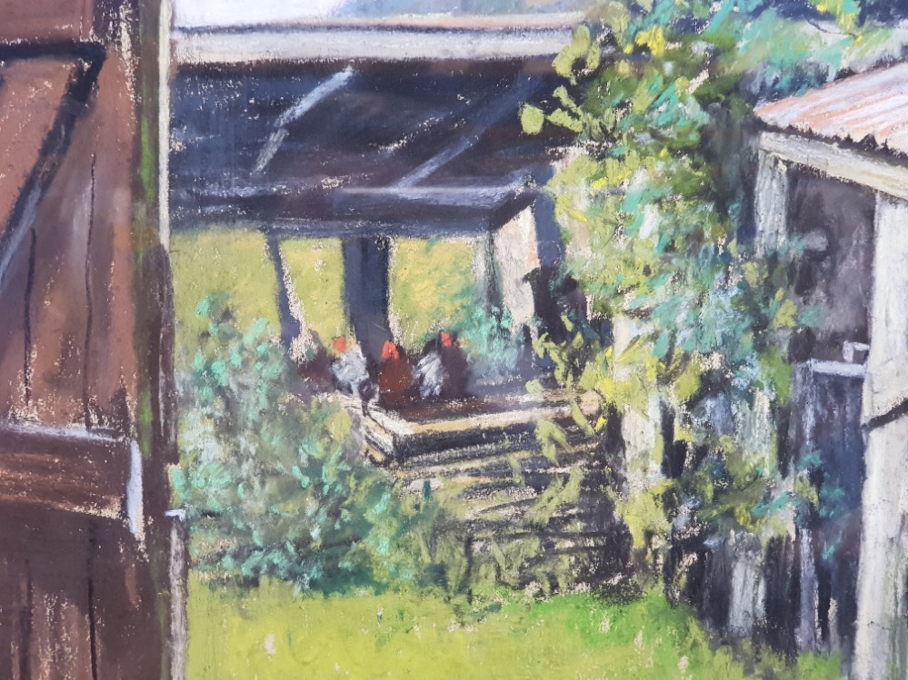 Framed pastel drawing titled chickens in old barn, 32.5cm x 44.5cm signed by the artist A - Image 3 of 3