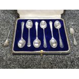 A set of six silver coffee spoons by William Hutton and Sons, Sheffield, cased, and two salt